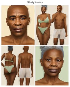 three different images of an older man and woman in swimsuits, from the front to the back