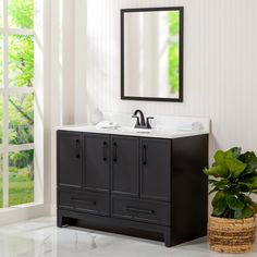 a bathroom vanity with a mirror above it and a plant in front of the sink