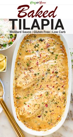 baked tilapia in a casserole dish with chopsticks on the side