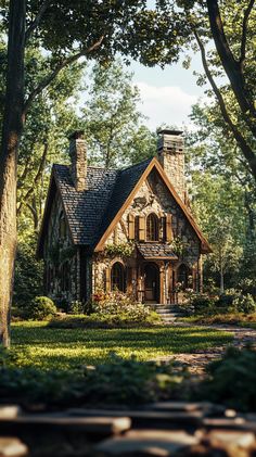 a small house in the middle of some trees and bushes, with a pathway leading to it