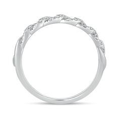 Make this year one to remember with this stackable diamond anniversary band. Created in cool 10K white gold, this eye-catching choice features diamond-lined Cuban curb "links" in a glistening row. Radiant with 3/8 ct. t.w. of diamonds and a brilliant buffed luster, this ring appeals to her contemporary taste. Silver Stackable Diamond Ring For Anniversary, Stackable Diamond Ring For Anniversary, Diamond Cut Round Diamond Bands, Stackable Diamond White Diamond Ring For Anniversary, Diamond White Stackable Diamond Ring For Anniversary, Diamond White Stackable Anniversary Diamond Ring, Diamond Bands With Diamond Accents, Silver Diamond Bands With Single Cut Diamonds, White Gold Bands With Diamond Accents, Round Cut