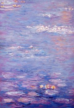 a painting of water lillies floating on top of a body of water with sky in the background