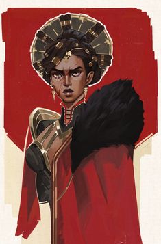 an illustration of a woman in red and gold with a large headdress on