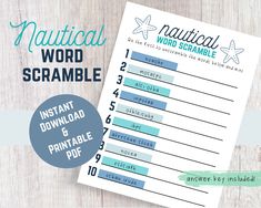 a printable word scrambler with the words nautical and starfish in blue on it