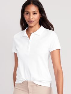 Rib-knit collar; short-sleeves.  Four-button placket.  Drop-tail hem, with vented sides.  Soft pique cotton, with comfortable stretch.  Fitted through body.  Women's polo hits below waist.  models are approx.  5'9" and wear sizes s (4), l (12), and xl (18)machine wash according to the care instruction label Polo For Women, Navy Uniforms, White Polo, Whole Body, Jack Black, Rip Curl, Knit Collar, Petite Size, Button Placket