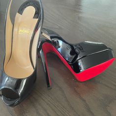 Never Worn Authentic Christian Louboutin Shoes. Perfect New Condition. Dust Bag Included! Cheap Red Bottoms For Lounging, Black Patent Leather Heels With Red Sole, Black Open Heel Heels With Red Sole, Black Heels With Red Sole And Almond Toe, Black Almond Toe Heels With Red Sole, Black Open Toe Heels With Red Sole, Heels Classy, Peep Toe Shoes, Louboutin Shoes