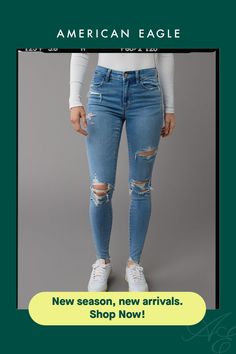 Next Level Stretch/Our softest, stretchiest, never-loses-its-shape denim/Won't bag out. Ever./Medium wash/Ripped Everyday High Waist Ripped Bottoms, Distressed Stretch Bottoms For Everyday, Everyday Stretch Distressed Bottoms, Stretch Distressed Bottoms For Everyday, Trendy Ripped Bottoms For Everyday Wear, Everyday Stretch Distressed Jeans, High Rise Stretch Distressed Jeggings, Ripped Stretch Jeggings For Fall, Everyday Fitted Ripped Jeans