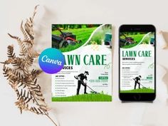 two lawn care flyers sitting on top of a table next to a phone and plant