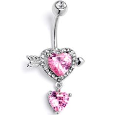 a pink heart shaped belly ring with an arrow and two hearts hanging from the side