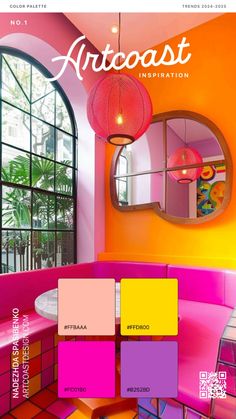 the cover of artcoast magazine with colorful furniture and mirrors on it's walls