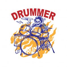 the drummer is playing drums in front of fire and flames, with an inscription that reads drum