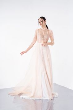 Anastasia Ao Dai Set - MEAN BLVD Elegant Pink Wedding Dress For Banquet, Luxury Gown For Ceremonies, Elegant Floor-length Evening Dress For Ceremony, Elegant Floor-length Ao Dai For Banquet, Elegant Pink Wedding Gown, Elegant Blush Wedding Gown, Elegant Pink Floor-length Wedding Dress, Blush Evening Dress For Wedding, Ethereal Evening Dress For Wedding