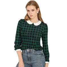 Featuring peter pan collar with keyhole back, color block and soft stretchy fabric lend an elegant finishing touch and sweet feel to this top. This regular fit plaid blouse with contrast peter pan collar is spun from knitted stretchy fabric in plaid pattern. This long sleeve blouse pairs beautifully with a range of bottoms, styled with skinny jeans or work pants for a casual chic look! A comfy work top is updated with perfectly peter pan collar and plaid pattern for understated charm. Soft knitt Trendy Plaid Tops, Elegant Work Wear, Peter Pan Collar Shirt, Comfy Wear, Long Sleeve Plaid Shirt, Plaid Blouse, Green Outfit, Contrast Collar, Long Sleeve Plaid