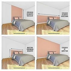 four different pictures of a bed in the corner of a room with pink walls and wood flooring