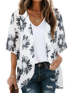 🚚FREE Shipping on orders over $100 ✨ use Code: "Mylook" for Extra Discount at checkout ﻿- 📏Sizing: run a little small 📏 Made from high-quality chiffon, this blouse boasts a beautiful floral pattern that adds a touch of femininity to your look. Its loose and comfortable fit makes it perfect for casual outings, while its versatile design allows you to dress it up or down. Get ready to turn heads with this stylish and elegant blouse. Gender: Women Type: Tops Feature: Floral Pattern, Chiffon Material: 100% Polyester Care: Hand Wash Cold. Do Not Bleach. Line Dry. Iron Low Heat Style: Casual/Fashion Color: Black, Beige, Blue, Red, White Size: S, M, L, XL, 2XL Please Note: All Dimensions Are Measured Manually With A Deviation Of 1 To 3cm. Gilet Kimono, Moda Kimono, Chiffon Cover Up, Kimono Shirt, Mode Kimono, Cardigan Kimono, Cardigan Casual, Elegant Blouses, Womens Tops Summer