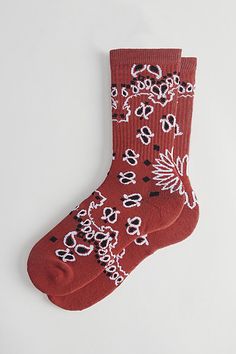 Paisley bandana pattern socks in a classic crew length with a ribbed knit ankle cuff. Features Paisley bandana crew sock Patterned crew sock Ribbing trim Content + Care Includes 1 pair 92% Polyester, 8% spandex Machine wash Imported Size Fits Men's shoe size 7-12 | Paisley Bandana Crew Sock in Red, Men's at Urban Outfitters Summer Socks, Australia Clothes, Cowboy Aesthetic, Paisley Bandana, Urban Cowboy, Socks Men, Red Fits, Crew Sock, Men's Shoe