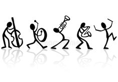 the silhouettes of people playing musical instruments in different positions and sizes, including one man with