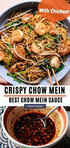 shrimp chow mein in a bowl with chopsticks on the side and text overlay reads crispy chow mein best chow mein