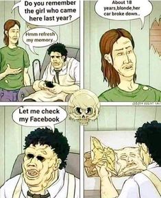 a comic strip with two people talking to each other and one is holding a skull