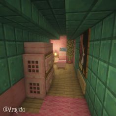 a long hallway with green walls and pink carpeted flooring in minecraft style