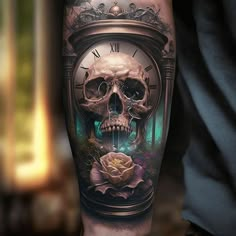 a man's leg with a clock and skull tattoo on it, next to a rose