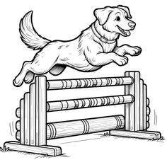 a dog jumping over an obstacle with his owner coloring page for children and adults, black and white