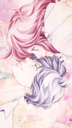 two women with pink hair are hugging each other in front of an artistic painting background