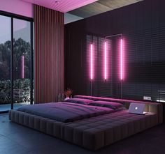 a large bed sitting in a bedroom next to a window with pink lights on it