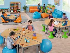 children are sitting at tables and chairs in a classroom with blue walls, orange bookshelves, and green beanbag chairs