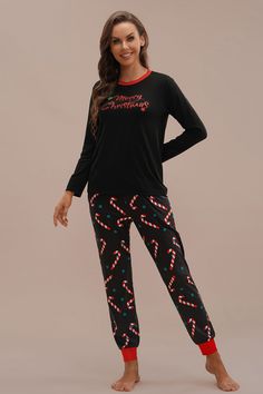 Black Christmas Print Long Sleeve Round Neck PJ Set.The set are cozy, cute and comfy and are ideal for holiday photos, a family gathering, or movies nights at home. Black Christmas Pajamas, Black Christmas Loungewear Bottoms, Black Christmas Sleepwear, Christmas Long Sleeve Lounging Sleepwear, Winter Long Sleeve Sleepwear With Character Print, Black Christmas, Loungewear Set, Pj Sets, Holiday Photos