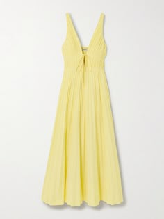 The pastel-yellow shade of Simkhai's 'Stephanie' dress is bound to bring joy. It's made from cotton-blend poplin with pleating to create a fitted bodice and fullness through the skirt. The front ties beautifully define the décolletage. Yellow Pleated Beach Dress, Yellow Pleated Dress For Daywear, Poplin Maxi Dress, Poplin Midi Dress, Yellow Midi Dress, Yellow Outfit, Cotton Midi Dress, Embellished Dress, Dressy Casual