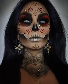 Pretty Skull Halloween Makeup, Beautiful Skeleton Makeup, Classic Female Halloween Costumes, Scary Pretty Halloween Makeup, Annabelle Doll Makeup Halloween, Diy Skeleton Ribcage, Sugar Skull Makeup Ideas, Black Light Skeleton Makeup, Mexican Makeup Ideas