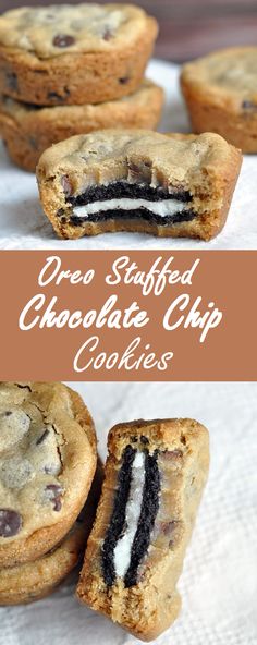 oreo - stuffed chocolate chip cookies are stacked on top of each other with the title above it