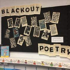 a display with several pieces of paper cut out to spell out the words blackout and poetry