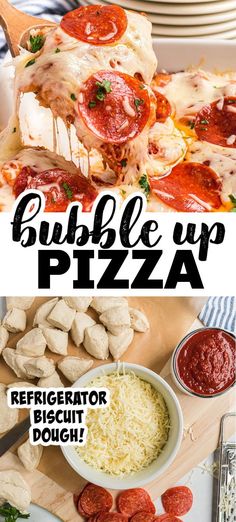 two pictures with different types of pizza on them and the words bubble up pizza below