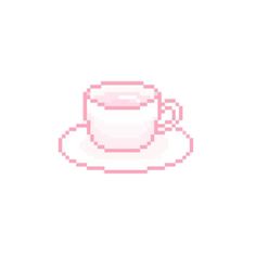 a pixelated cup and saucer sitting on top of a white plate with pink trim