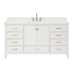 a white bathroom vanity with two sinks and drawers on the top, side by side