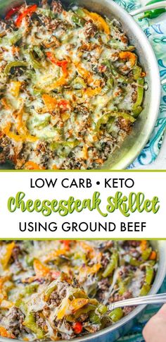 low carb keto cheesesteak skillet using ground beef in a casserole dish