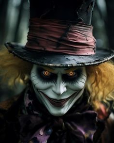 an evil clown wearing a top hat in the woods