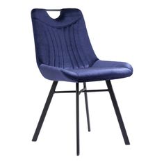 a blue chair with black metal legs