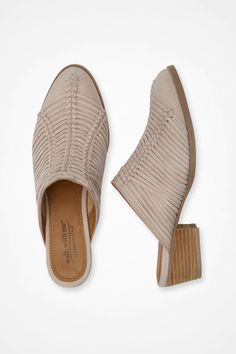 These slip-on mules blend suppleness with style, intricately detailed with woven leatherwork on the uppers. Mules Outfits, Slip On Mules, Leather Mules, Shoe Game, Leather Working, Senior Pictures, Bones, Heel Height, Walking