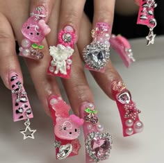 Pink And Red Nails, Her Nails, Hello Kitty Nails, Long Square Acrylic Nails, Unique Acrylic Nails