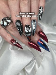 Spider Man Nails, Holloween Nails, Star Nails, Crystal Stars, Marvel Art, Black Nails, Venom, Red Nails