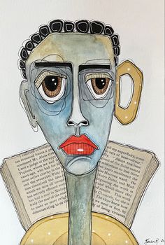 a drawing of a woman's face with an open book in front of her