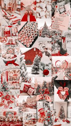 a collage of red and white pictures with hearts, snowflakes, christmas trees