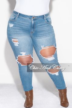 Cotton% 95 Polyester% 4 Spandex% 1 Model is wearing a 2x Plus Size Distressed Jeans, Chic And Curvy, Denim Chic, Light Denim, Distressed Jeans, Denim Pants, Plus Size Outfits, Casual Pants, Final Sale