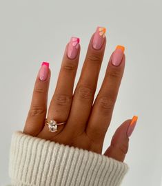 "Welcome spring with a burst of color! 💅🌸 Embrace the vibrant hues of pink and orange for your 2024 spring/summer nails. Perfect for adding a pop of warmth and energy to your look! #SpringNails #SummerManicure #NailArt2024" Square Bright Nails, Trendy Summer Nails Square, Square Nail Designs Summer, Light Orange Nails, Orange And Pink Nails, Cruise Nails, Navy And Coral, Square Nail Designs, Light Nails