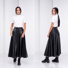 "Super chic and modern, this leather skirt is a timeless piece to your wardrobe. With an elastic waistband- a loose and comfy design you can wear this piece to so many occasions. The model in the picture is 168cm. ⅼ 5.5 ft. tall and is wearing size S / color: Black 🌟 INFO: * Worldwide EXPRESS shipping - please provide a phone number for shipping documents * US Sizing XS to 4XL - size chart available below - all measurements of the body * We offer customization to Personal Measurements & Larger Long Black Leather Skirt Outfit, Leather Skirt Long, Black Leather Skirt Outfit, Circle Maxi Skirt, Long Leather Skirt, Skirt Circle, Gothic Skirt, Leather Skirt Outfit, Black Leather Mini Skirt