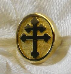 "Lorraine Cross ring in solid sterling silver. Yellow gold plated. Any Size Available Each ring is sized to your exact size in the wax stage before casting. The seal measures 27/32 \" x 45/64\" mm 21,5 x 17,70 Weights 15 grams Each ring is made to size Anello Croce di Lorena in argento 925 millesimi dorato" Gold-tone Polished Finish Rings, Symbolic Yellow Gold Cross Jewelry, Classic Gold Plated Engraved Ring, Gold Sterling Silver Rings, Tarnish Resistant, Gold-tone 14k Gold Ring For Gift, Gold Sterling Silver Rings Tarnish Resistant, Tarnish Resistant Gold Sterling Silver Rings, Tarnish Resistant Gold-colored Sterling Silver Rings, Gold-tone Fine Jewelry Rings As A Gift