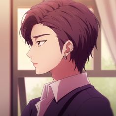 an anime character looking out the window with his hair pulled back and wearing earrings